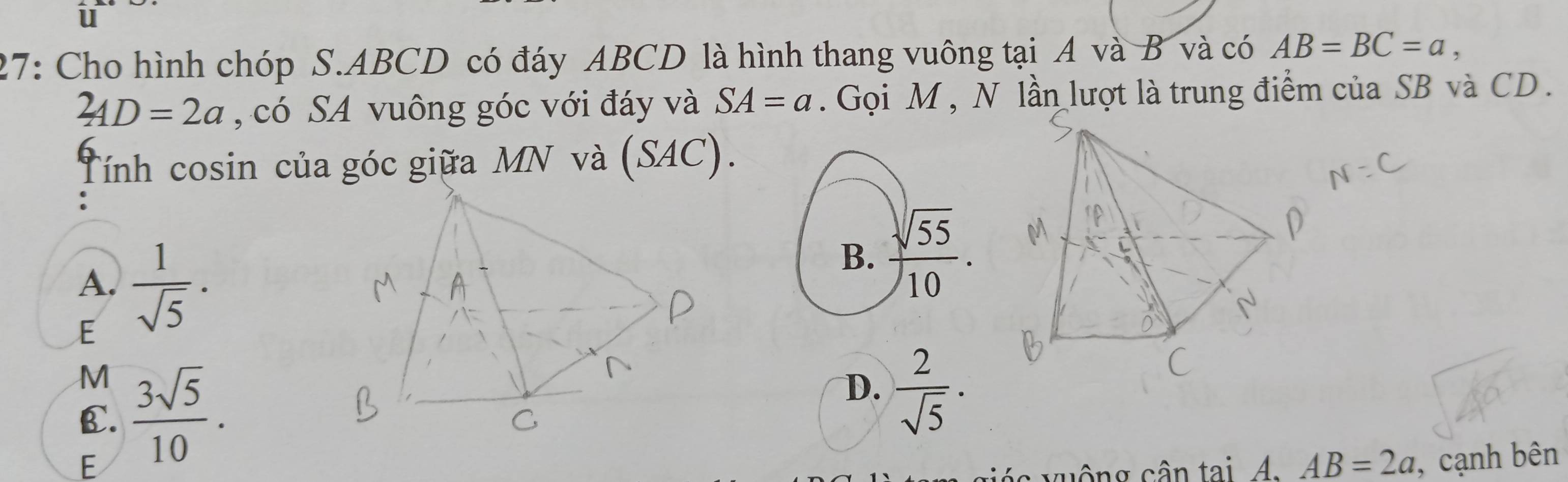 27: Cho hình chóp S. ABCD có đáy ABCD là hình thang vuông tại A và B và có AB=BC=a,
2AD=2a , có SA vuông góc với đáy và SA=a. Gọi M , N lần lượt là trung điểm của SB và CD.
Tính cosin của góc giữa MN và (SAC).
A.
E  1/sqrt(5) ·
B.  sqrt(55)/10 .
M  3sqrt(5)/10 .
D.  2/sqrt(5) ·
C.
E
AB=2a , cạnh bên