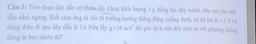 Treo đoạn dây dẫn có chiều dài 10cm khổi lượng 5 g bằng hai dây mành, nhẹ sao cho dây 
dẫn nằm ngang. Biết cảm ứng từ của từ trường hướng thắng đứng xuống dưới, có độ lớn B=1T và 
dòng điện đỉ qua dây dẫn là 1A Nếu lấy g=10m/s^2 thì góc lệch của dây treo so với phương thắng 
đứng là bao nhiêu độ?