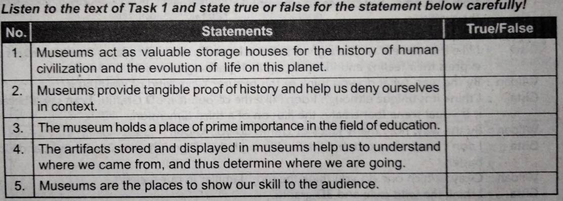 Listen to the text of Task 1 and state true or false for the statement below carefully! 
N