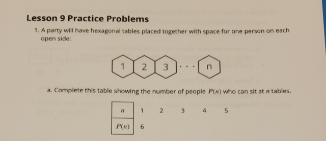 Lesson 9 Practice Problems
1. A party will have hexagonal tables placed together with space for one person on each
open side:
 
a. Complete this table showing the number of people P(n) who can sit at π tables.
1 2 3 4 5
6