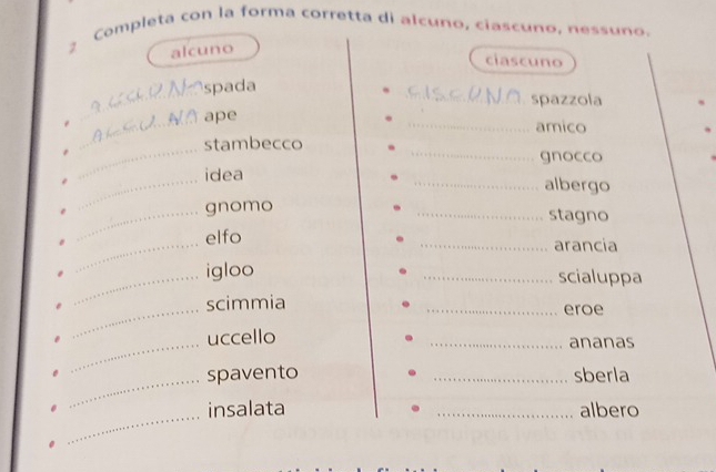 Completa con la forma corretta di alcuno, ciascuno, nessuno. 
alcuno 
ciascuno 
_ 
spada 
_spazzola 
_ape _amico 
_ 
_ 
stambecco 
gnocco 
_idea _albergo 
_gnomo 
_stagno 
_elfo _arancia 
_igloo _scialuppa 
_scimmia _eroe 
_ 
uccello _ananas 
_spavento _sberla 
_ 
insalata _albero