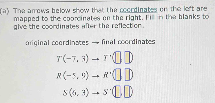 The arrows below show that the coordinates on the left are 
mapped to the coordinates on the right. Fill in the blanks to 
give the coordinates after the reflection. 
original coordinates → final coordinates
T(-7,3)to T'(□ ,□ )
R(-5,9)to R'(□ ,□ )
S(6,3)to S'(□ ,□ )