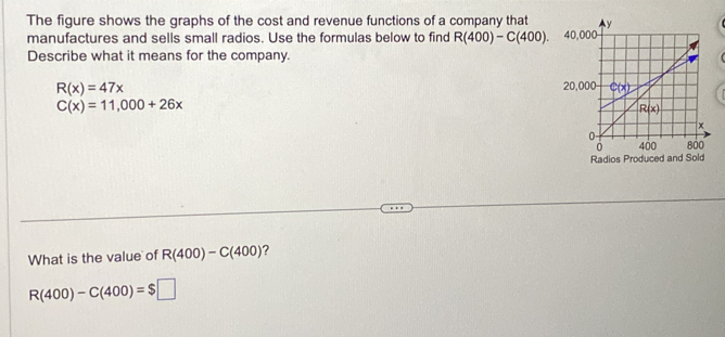 The figure shows the graphs of the cost and revenue functions of a company that 
manufactures and sells small radios. Use the formulas below to find R(400)-C(400). 4
Describe what it means for the company.
R(x)=47x 2
C(x)=11,000+26x
Radios Produced and Sold
What is the value of R(400)-C(400) ?
R(400)-C(400)=$□