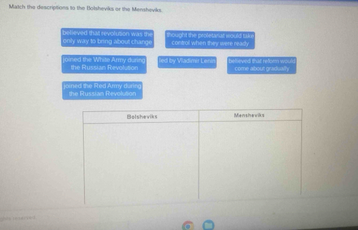 Match the descriptions to the Bolsheviks or the Mensheviks.
believed that revolution was the thought the proletariat would tak 
only way to bring about change control when they were ready
joined the White Army during led by Vladimir Lenin believed that reform would
the Russian Revolution come about gradually
joined the Red Army during
the Russian Revolution
ghis reserved.