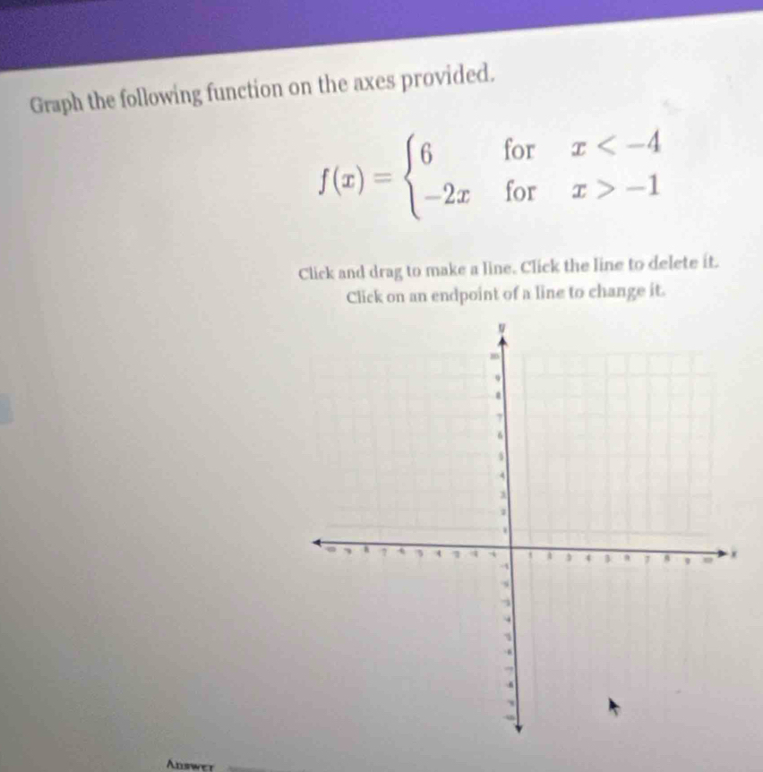 Graph the following function on the axes provided.
f(x)=beginarrayl 6forx -1endarray.
Click and drag to make a line. Click the line to delete it. 
Click on an endpoint of a line to change it.
x
Answer