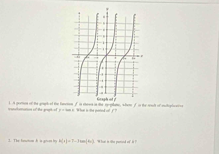 A portion of the graph of the function f is shown in the xy -plane, where f is the result of iultiplicative 
transformation of the graph of y=tan x What is the period of_? 
2. The function is given by h(x)=7-3tan (4x). What is the period of /?