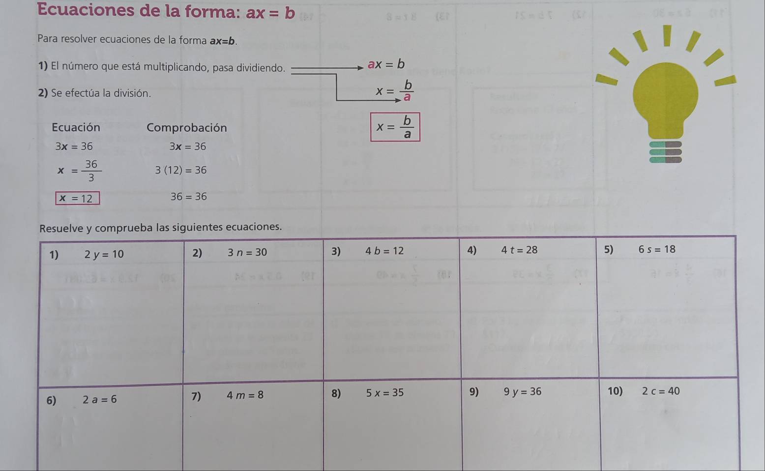 Ecuaciones de la forma: ax=b
Para resolver ecuaciones de la forma ax=b.
1) El número que está multiplicando, pasa dividiendo.
ax=b
2) Se efectúa la división.
x= b/a 
Ecuación Comprobación
x= b/a 
3x=36
3x=36
x= 36/3  3(12)=36
x=12
36=36