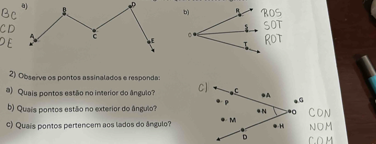 Observe os pontos assinalados e responda: 
a) Quais pontos estão no interior do ângulo? 
b) Quais pontos estão no exterior do ângulo? 
c) Quais pontos pertencem aos lados do ângulo?