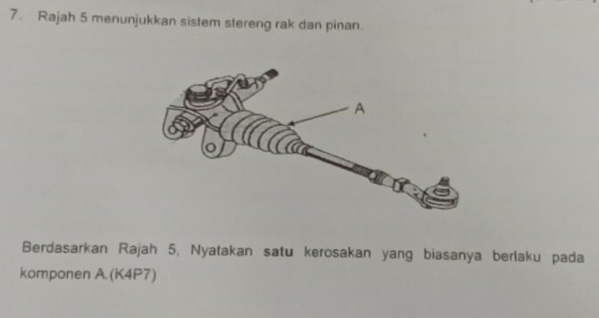 Rajah 5 menunjukkan sistem stereng rak dan pinan. 
Berdasarkan Rajah 5, Nyatakan satu kerosakan yang biasanya berlaku pada 
komponen A (K4P7)