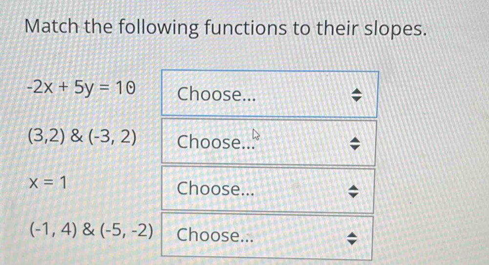 Match the following functions to their slopes.
-2x+5y=1odot Choose...
(3,2) & (-3,2) Choose...
x=1
Choose...
(-1,4) & (-5,-2) Choose...