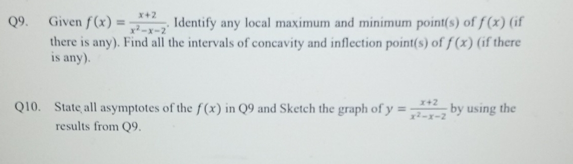 Given f(x)= (x+2)/x^2-x-2 . Identify any local maximum and minimum point(s) of f(x) (if 
there is any). Find all the intervals of concavity and inflection point(s) of f(x) (if there 
is any). 
Q10. State all asymptotes of the f(x) in Q9 and Sketch the graph of y= (x+2)/x^2-x-2  by using the 
results from Q9.