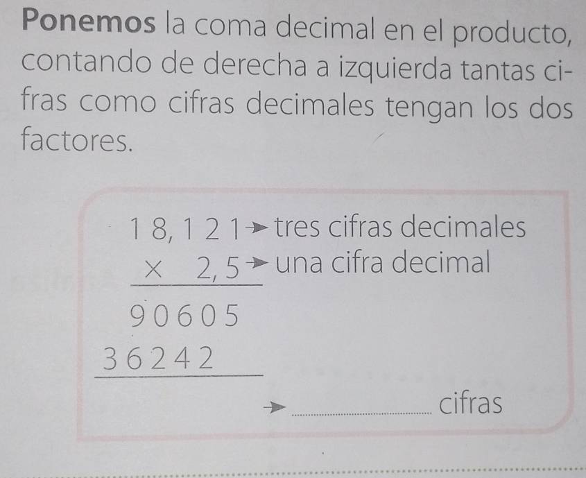 Ponemos la coma decimal en el producto,
contando de derecha a izquierda tantas ci-
fras como cifras decimales tengan los dos
factores.
beginarrayr 18,121= * 2,5> hline 90603 38,242endarray
tres cifras decimales
una cifra decimal
_cifras