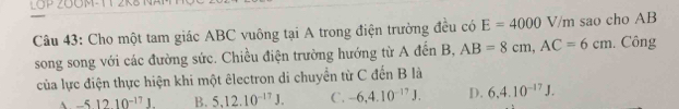 LÖP ZOÖM-1T 2
Câu 43: Cho một tam giác ABC vuông tại A trong điện trường đều có E=4000 V/m sao cho AB
song song với các đường sức. Chiều điện trường hướng từ A đến B, AB=8cm, AC=6cm. Công
của lực điện thực hiện khi một êlectron di chuyển từ C đến B là
-51210^(-17)J. B. 5, 12.10^(-17)J. C. -6, 4.10^(-17)J. D. 6.4.10^(-17)J.