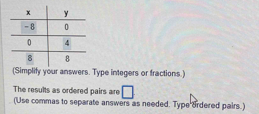 mplify your answers. Type integers or fractions.) 
The results as ordered pairs are □. 
(Use commas to separate answers as needed. Type ordered pairs.)