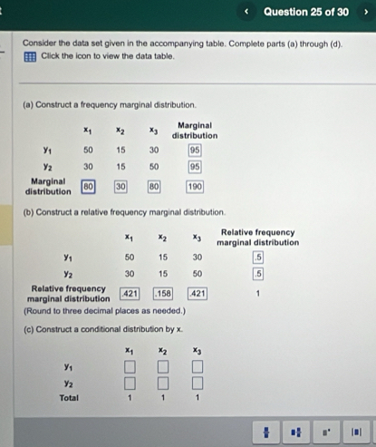 Consider the data set given in the accompanying table. Complete parts (a) through (d).
= Click the icon to view the data table.
(a) Construct a frequency marginal distribution.
(b) Construct a relative frequency marginal distribution.
Relative frequency
x_1 x_2 x_3 marginal distribution
y_1 50 15 30 .5
y_2 30 15 50 .5
Relative frequency
marginal distribution .421 .158 .421 1
(Round to three decimal places as needed.)
(c) Construct a conditional distribution by x.
x_1 x_2 x_3
y_1
y_2
|
Total 1 1 1
2 π /8  a° |□ |