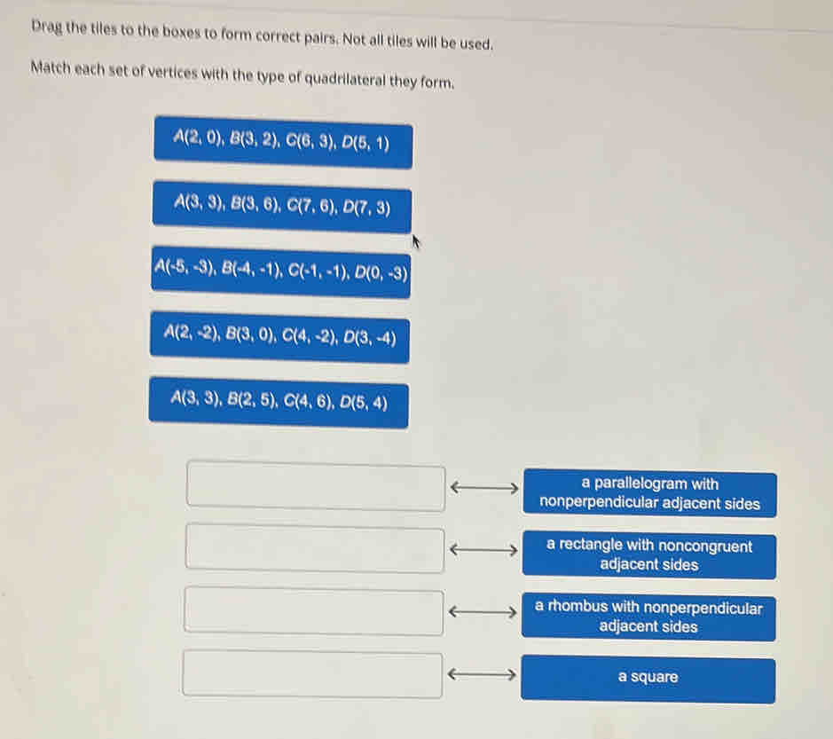 Solved: Drag the tiles to the boxes to form correct pairs. Not all ...