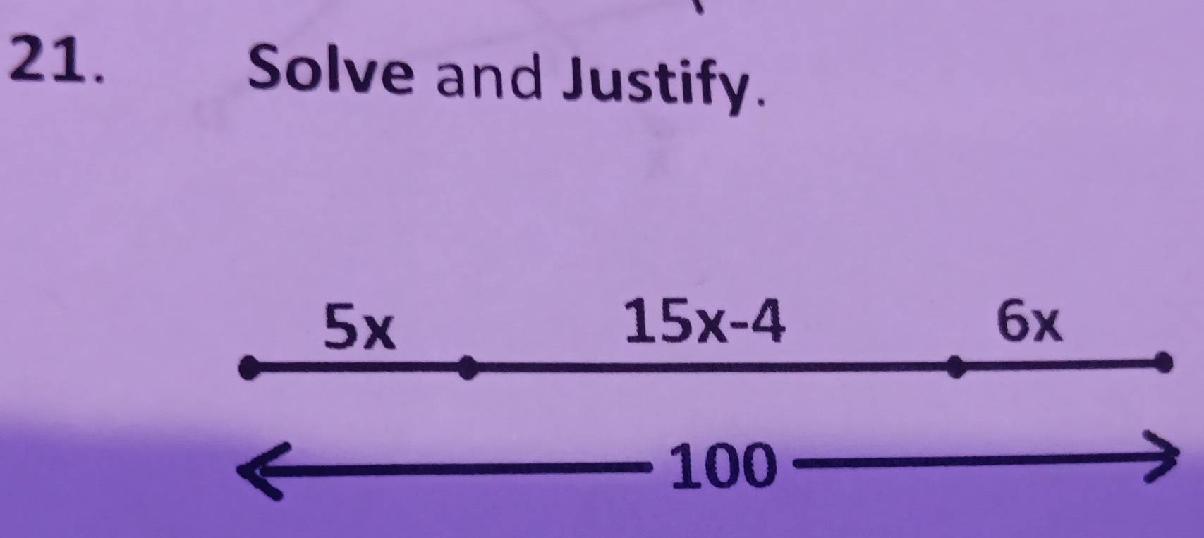 Solve and Justify.
5x
15x-4
6x
100