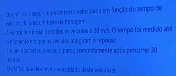 Os gráficos a seguir representam a velocidade em função do tempo de 
veículos durante um teste de frenagem. 
A velocidade inicial de todos os veículos é 20 m/s. O tempo foi medido até 
o momento em que os veículos atingiram o repouso. 
Em um dos testes, o veículo parou completamente após percorrer 30
metros. 
O gráfico que descreve a velocidade deste veículo é: