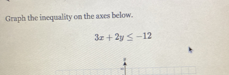 Graph the inequality on the axes below.
3x+2y≤ -12
y
10