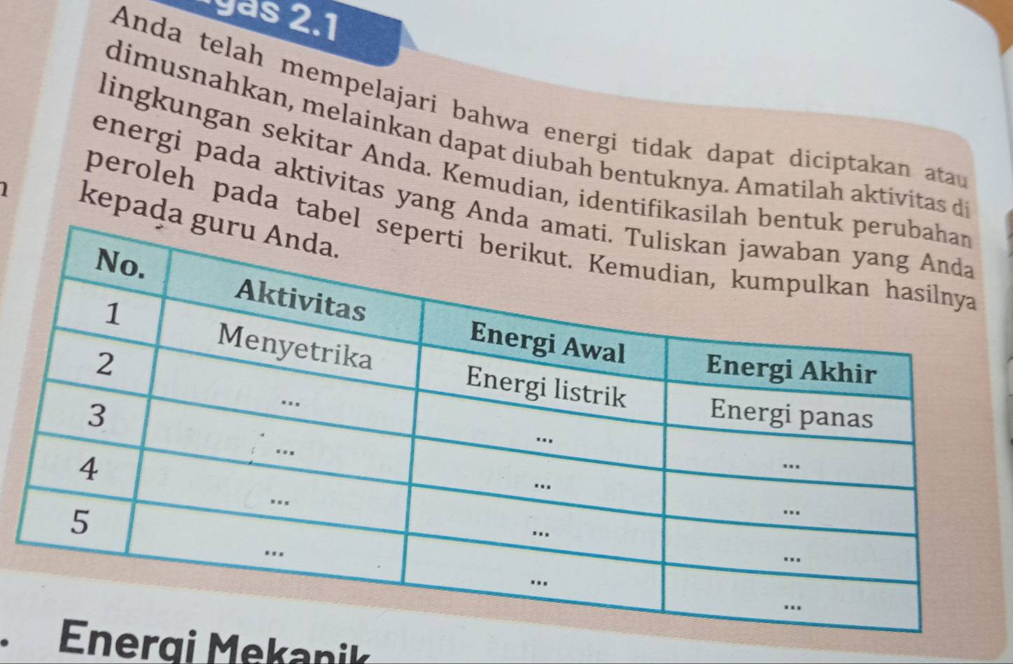 Anda telah mempelajari bahwa energi tidak dapat diciptakan atau 
dimusnahkan, melainkan dapat diubah bentuknya. Amatilah aktivitas d 
lingkungan sekitar Anda. Kemudian, identifikas 
energi pada aktivitas yang An 
1 kepaḍ 
peroleh pada tab 
erg i M ekan ik