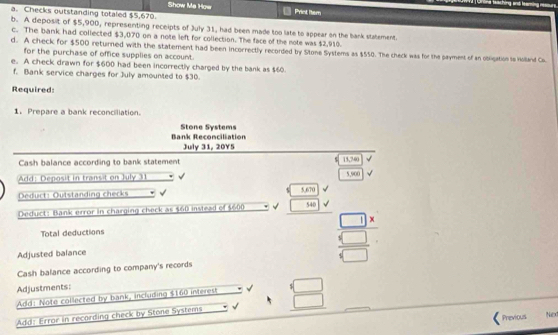 ne teaching and learing ms n 
Show Me How Print tem 
a. Checks outstanding totaled $5,670. 
b. A deposit of $5,900, representing receipts of July 31, had been made too late to appear on the bank statement. 
c. The bank had collected $3,070 on a note left for collection. The face of the note was $2,910. 
d. A check for $500 returned with the statement had been incorrectly recorded by Stone Systems as $550. The check was for the payment of an obligation to Holland Co. 
for the purchase of office supplies on account. 
e. A check drawn for $600 had been incorrectly charged by the bank as $60
f. Bank service charges for July amounted to $30. 
Required: 
1. Prepare a bank reconciliation 
Bank Reconciliation Stone Systems 
July 31, 20Y5 
Cash balance according to bank statement 15,7.40 √ 
Add: Deposit in transit on July 31 √ 5,900
Deduct: Outstanding checks √ 5,670
Deduct: Bank error in charging check as $60 instead of $600 √ 540
Total deductions 
Adjusted balance frac beginarrayr □ x □ endarray □ 
Cash balance according to company's records 
Adjustments: 
Add: Note collected by bank, including $160 interest √ 
Add: Error in recording check by Stone Systems √  □ /□  
Previous Nex