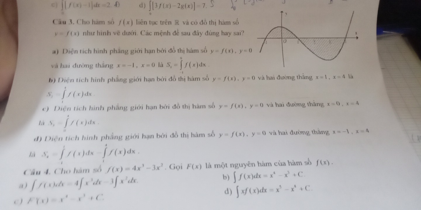 c ) ∈t _0[f(x)-1]dx=2.4) ∈tlimits _9[3f(x)-2g(x)]=7.
d)
Câu 3. Cho hàm số f(x) liên tục trên R và có đồ thị hàm số
y=f(x) như hình vẽ dưới. Các mệnh đề sau đây đúng hay sai?
a) Diện tích hình phẳng giới hạn bởi đồ thị hàm số y=f(x),y=0
và hai đường thắng x=-1,x=0 là S_1=∈tlimits _(-1)^0f(x)dx.
b) Diện tích hình phẳng giới hạn bởi đồ thị hàm số y=f(x),y=0 và hai đường thắng x=1,x=4 là
S_2=∈tlimits _1^(4f(x)dx.
c) Diện tích hình phẳng giới hạn bởi đồ thị hàm số y=f(x),y=0 và hai đường thắng x=0,x=4
là S_3)=∈tlimits _0^(4f(x)dx.
đ) Diện tích hình phẳng giới hạn bởi đồ thị hàm số y=f(x),y=0 và hai đường thắng x=-1,x=4
là S_4)=∈tlimits _1^(1f(x)dx-∈tlimits _1^4f(x)dx.
Câu 4. Cho hàm số f(x)=4x^3)-3x^2. Gọi F(x) là một nguyên hàm của hàm số f(x).
a) ∈t f(x)dx=4∈t x^3dx-3∈t x^2dx.
b) ∈t f(x)dx=x^4-x^3+C.
C) F'(x)=x^4-x^3+C d) ∈t xf(x)dx=x^5-x^4+C.