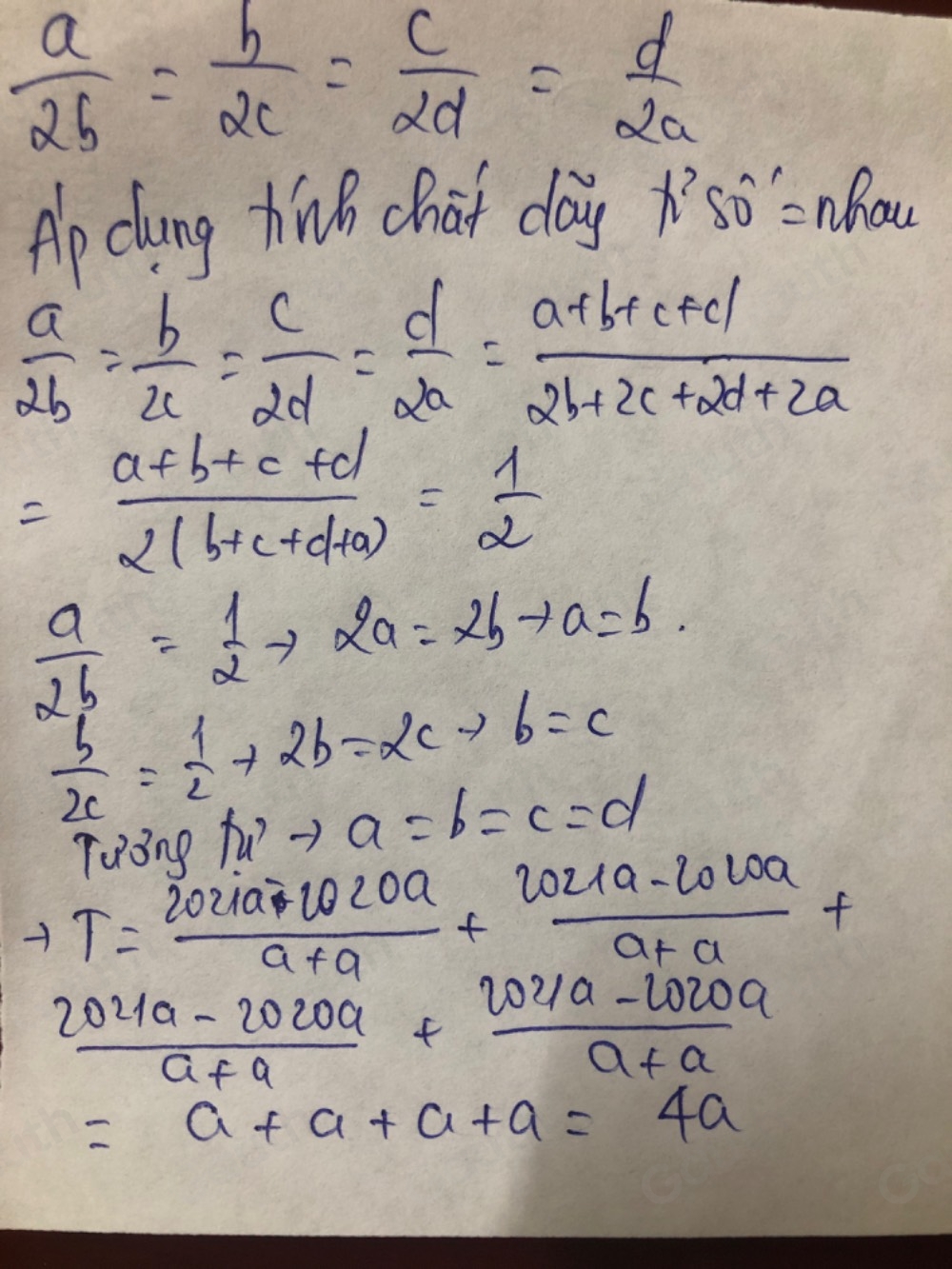 Giải quyết:2/ Cho a/2b = b/2c = c/2d = d/2a (a,b,c,d>0) Tính giá trị ...
