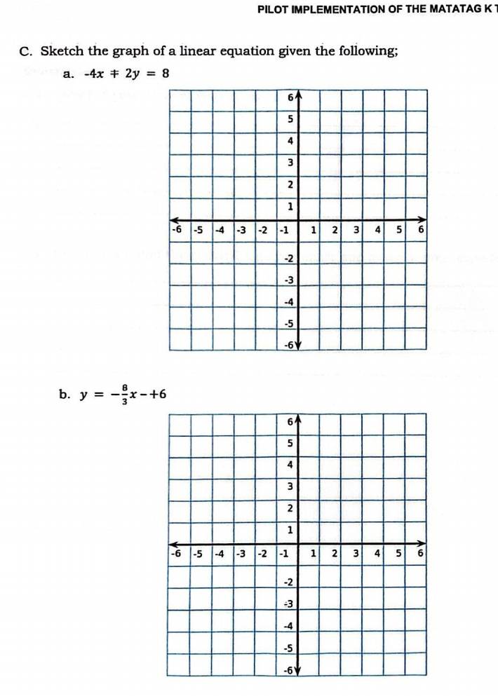 PILOT IMPLEMENTATION OF THE MATATAG K 
C. Sketch the graph of a linear equation given the following;
a. -4x+2y=8
b. y=- 8/3 x-+6