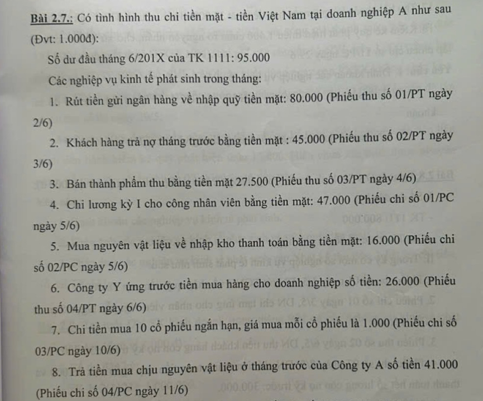 Bài 2.7.: Có tình hình thu chi tiền mặt - tiền Việt Nam tại doanh nghiệp A như sau 
(Đvt: 1.000đ): 
Số dư đầu tháng 6/201X của TK 1111: 95.000
Các nghiệp vụ kinh tế phát sinh trong tháng: 
1. Rút tiền gửi ngân hàng về nhập quỹ tiền mặt: 80.000 (Phiếu thu số 01/PT ngày 
2/6) 
2. Khách hàng trả nợ tháng trước bằng tiền mặt : 45.000 (Phiếu thu số 02/PT ngày 
3/6) 
3. Bán thành phẩm thu bằng tiền mặt 27.500 (Phiếu thu số 03/PT ngày 4/6) 
4. Chi lương kỳ I cho công nhân viên bằng tiền mặt: 47.000 (Phiếu chi số 01/PC 
ngày 5/6) 
5. Mua nguyên vật liệu về nhập kho thanh toán bằng tiền mặt: 16.000 (Phiếu chi 
số 02/PC ngày 5/6) 
6. Công ty Y ứng trước tiền mua hàng cho doanh nghiệp số tiền: 26.000 (Phiếu 
thu số 04/PT ngày 6/6) 
7. Chi tiền mua 10 cổ phiếu ngắn hạn, giá mua mỗi cổ phiếu là 1.000 (Phiếu chi số 
03/PC ngày 10/6) 
8. Trả tiền mua chịu nguyên vật liệu ở tháng trước của Công ty A số tiền 41.000
(Phiếu chi số 04/PC ngày 11/6)