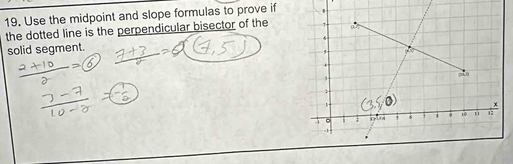 Use the midpoint and slope formulas to prove if 
the dotted line is the perpendicular bisector of the 
solid segment.