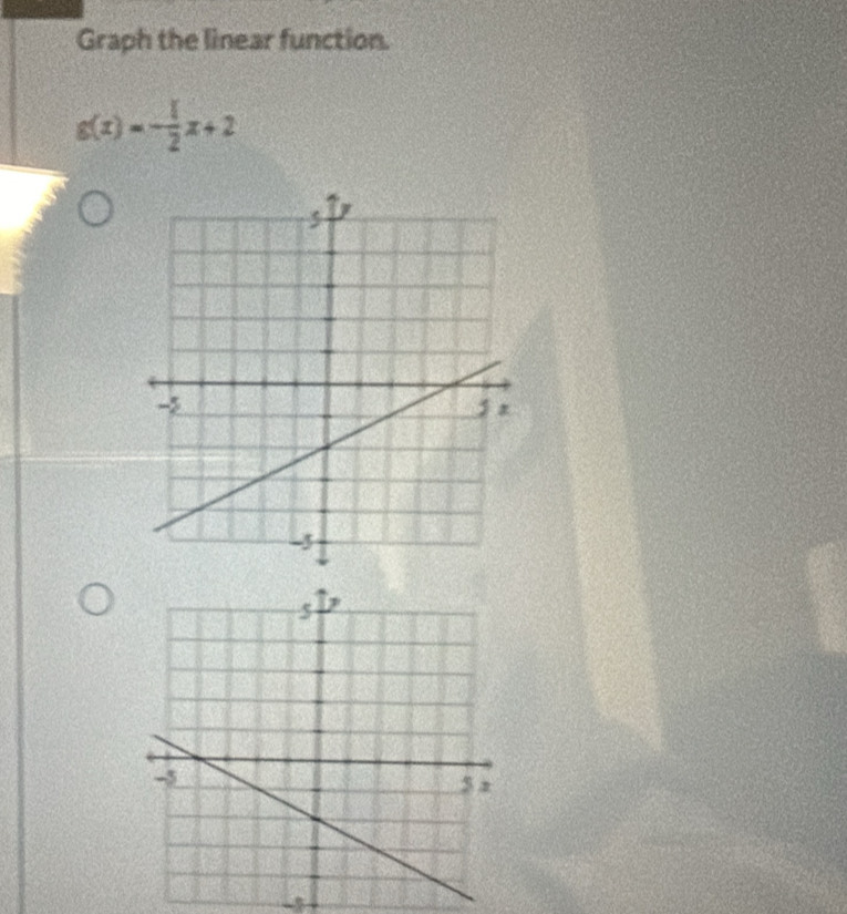 Graph the linear function.
g(x)=- 1/2 x+2