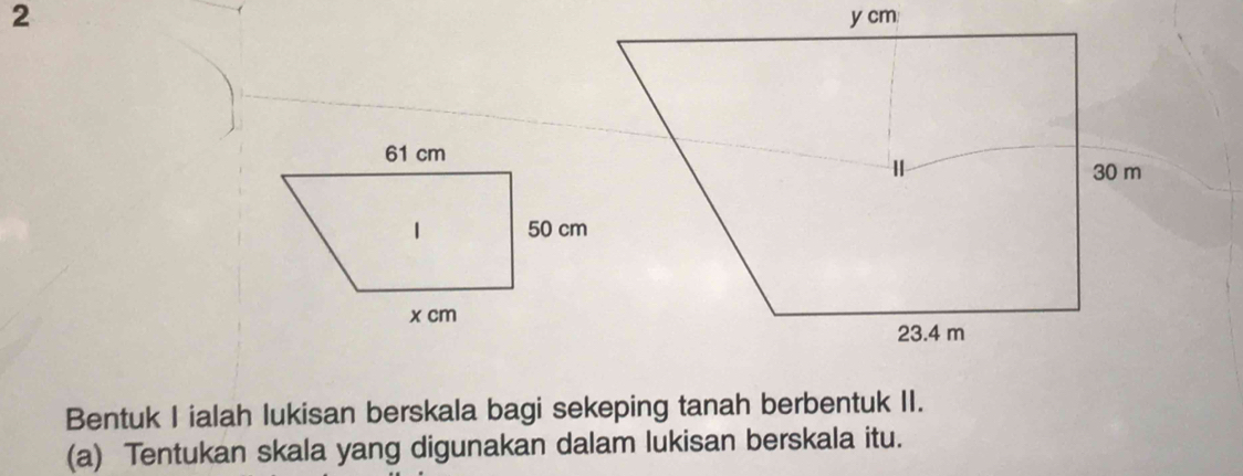 Bentuk I ialah lukisan berskala bagi sekeping tanah berbentuk II. 
(a) Tentukan skala yang digunakan dalam lukisan berskala itu.