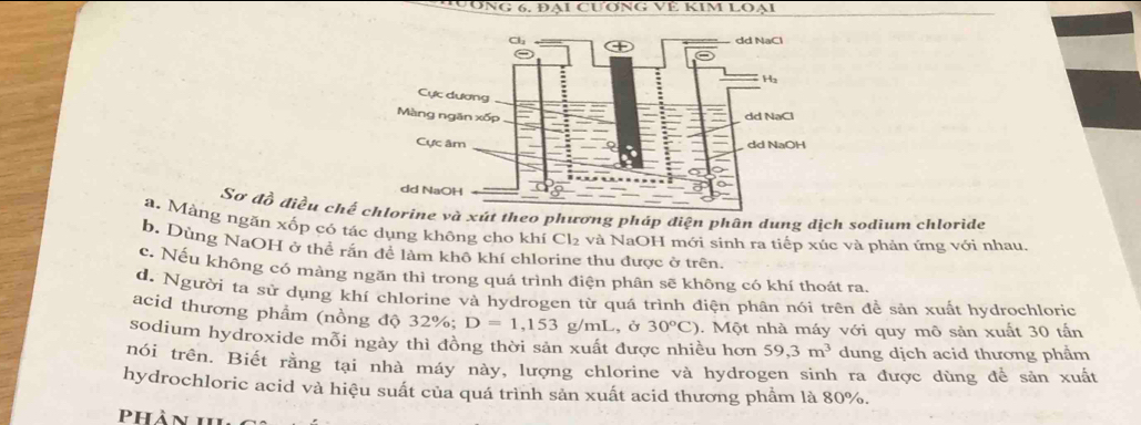 Sơ đồ điều chế và xút theo phương pháp điện phân dung dịch sodium chloride 
a. Màng ngăn xốp có tác dụng không cho khí Cl_2 và NaOH mới sinh ra tiếp xúc và phản ứng với nhau. 
b. Dùng NaOH ở thể rấn để làm khô khí chlorine thu được ở trên. 
c. Nếu không có màng ngăn thì trong quá trình điện phân sẽ không có khí thoát ra. 
d. Người ta sử dụng khí chlorine và hydrogen từ quá trình điện phân nói trên đề sản xuất hydrochloric 
acid thương phẩm (nồng độ 32%; D=1,153 g/mL, ở 30°C) 0. Một nhà máy với quy mô sản xuất 30 tấn 
sodium hydroxide mỗi ngảy thì đồng thời sản xuất được nhiều hơn 59, 3m^3 dung dịch acid thương phẩm 
nói trên. Biết rằng tại nhà máy này, lượng chlorine và hydrogen sinh ra được dùng để sản xuất 
hydrochloric acid và hiệu suất của quá trình sản xuất acid thương phẩm là 80%. 
Phản h