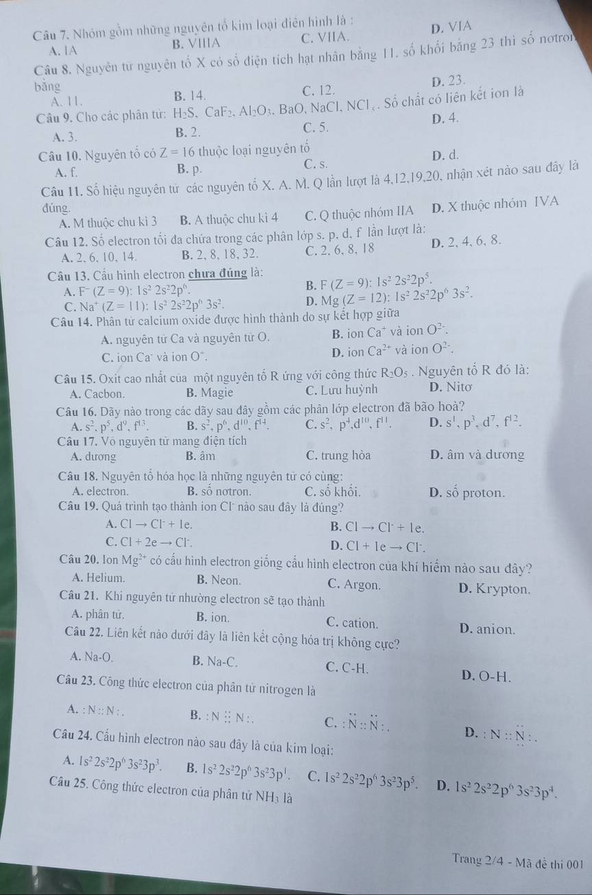 Nhóm gồm những nguyên tổ kim loại điên hình là :
A. 1A B. VIIA C. VIIA. D. VIA
Câu 8. Nguyên từ nguyên tố X có số điện tích hạt nhân bằng 11. số khối bằng 23 thì số notron
bằng C. 12.
A. 11. B. 14. D. 23.
Câu 9. Cho các phân tứ: H_2S,CaF_2,Al_2O_3 BaO, NaCl, NClạ. Số chất có liên kết ion là
A. 3. B. 2.
C. 5. D. 4.
Câu 10. Nguyên tổ có Z=16 thuộc loại nguyên tố
A. f. B. p.
C. s D. d.
Câu 11. Số hiệu nguyên tử các nguyên tố X. A. M. Q lần lượt là 4,12,19,20, nhận xét nào sau đây là
đúng.
A. M thuộc chu kì 3 B. A thuộc chu kì 4 C. Q thuộc nhóm IIA D. X thuộc nhóm IVA
Câu 12. Số electron tối đa chứa trong các phân lớp s. p, d, f lần lượt là:
A. 2, 6, 10, 14. B. 2,8, 18, 32. C. 2. 6, 8, 18 D. 2, 4, 6, 8.
Cầu 13. Cấu hình electron chưa đúng là: F(Z=9):1s^22s^22p^5.
A. F^-(Z=9):1s^22s^22p^6
B. Mg(Z=12):1s^22s^22p^63s^2.
C. Na^+(Z=11):1s^22s^22p^63s^2.
D.
Câu 14. Phân tử calcium oxide được hình thành do sự kết hợp giữa
A. nguyên tử Ca và nguyên tử O. B. ion Ca^+ và ion O^(2-).
C. ion Ca và ion O*. D. ion Ca^(2+) và ion O^(2-).
Câu 15. Oxit cao nhất của một nguyên tố R ứng với công thức R_2O_5 Nguyên tổ R đó là:
A. Cacbon. B. Magie C. Lưu huỳnh D. Nitσ
Câu 16. Dãy nào trong các dãy sau đây gồm các phân lớp electron đã bão hoà?
A. s^2.p^5,d^9,f^(13). B. s^2,p^6,d^(10),f^(11). C. s^2,p^4,d^(10),f^(11). D. s^1,p^3,d^7,f^(12).
Câu 17, Võ nguyên tử mang điện tích
A. dương B. âm C. trung hòa D. âm và dương
Câu 18. Nguyên tổ hóa học là những nguyên tử có cùng:
A. electron. B. số notron. C. số khối. D. Shat O proton.
Câu 19. Quá trình tạo thành ion Cl* nào sau đây là đúng?
A. Clto Cl^-+1e. B. Clto Cl^.+le.
C. Cl+2eto Cl^-. D. Cl+leto Cl^-.
Câu 20. lon Mg^(2+) có cấu hình electron giống cầu hình electron của khí hiếm nào sau đây?
A. Helium. B. Neon. C. Argon. D. Krypton.
Câu 21. Khi nguyên tử nhường electron sẽ tạo thành
A. phân tử. B. ion. C. cation. D. anion.
Câu 22. Liên kết nào dưới đây là liên kết cộng hóa trị không cực?
A. Na-O. B. Na-C.
C. C-H
D. O-H.
Câu 23. Công thức electron của phân tử nitrogen là
A. :N:N:. B. :N:N:. C. N::N:N:.
D. :N:N:.
Cầu 24. Cấu hình electron nào sau đây là của kim loại:
A. 1s^22s^22p^63s^23p^3. B. 1s^22s^22p^63s^23p^1. C. 1s^22s^22p^63s^23p^5. D. 1s^22s^22p^63s^23p^4.
Câu 25. Công thức electron của phân tử N H_3 là
Trang 2/4-Ma đề thi 001