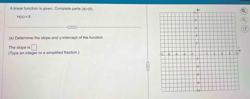 A linear function is given. Complete parts (a)-(d).
H(x)=8
Q 
(a) Determine the slope and y-intercept of the function. 
The slope is □. 
(Type an integer or a simplified fraction.)