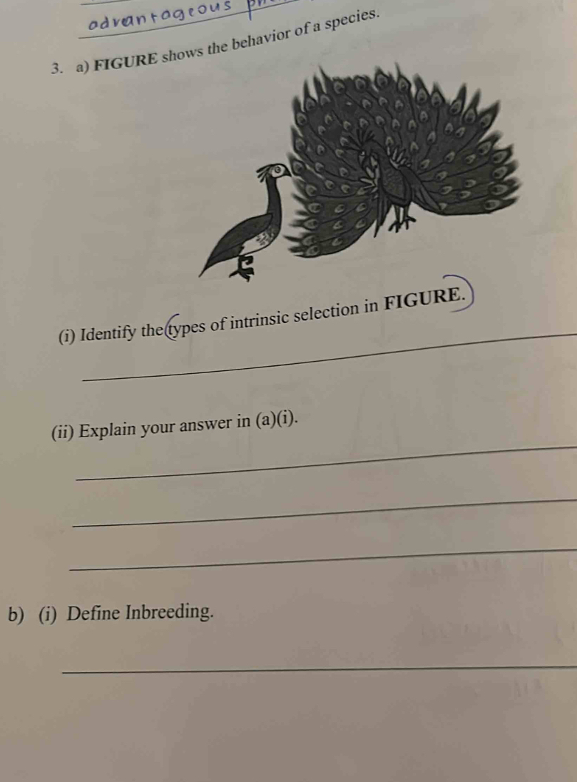 FIGURE s the behavior of a species. 
_ 
(i) Identify the(types of intrinsic selection in FIGURE. 
_ 
(ii) Explain your answer in (a)(i). 
_ 
_ 
b) (i) Define Inbreeding. 
_