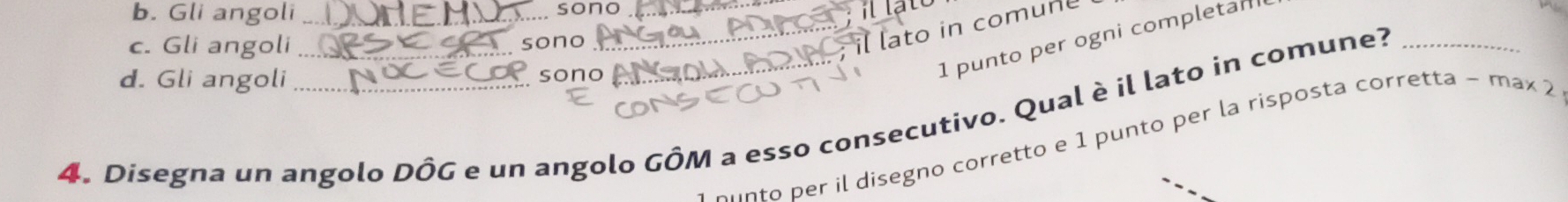 Gli angoli _sono__ 
c. Gli angoli sono 
lato in comun 
d. Gli angoli sono 
1 punto per ogni completam 
4. Disegna un angolo DÔG e un angolo GÔM a esso consecutivo. Qual è il lato in comune? 
Aunto per il disegno corretto e 1 punto per la risposta corretta − max 2