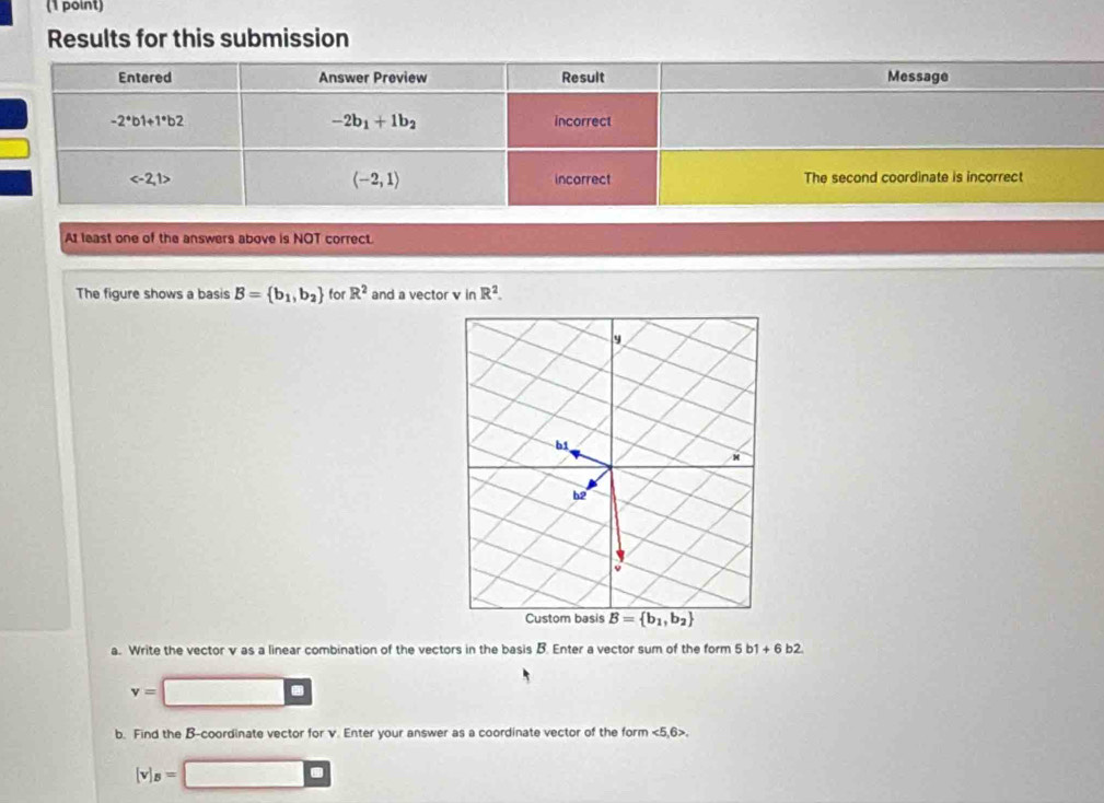 Results for this submission
At least one of the answers above is NOT correct.
The figure shows a basis B= b_1,b_2 for R^2 and a vector v in R^2.
y
b1
M
b2
Custom basis B= b_1,b_2
a. Write the vector v as a linear combination of the vectors in the basis B. Enter a vector sum of the form 5b1+6b2.
v=
overline □ 
b. Find the B-coordinate vector for v. Enter your answer as a coordinate vector of the form <5,6>.
[v]_B=