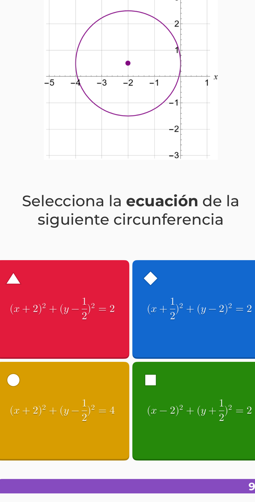 Selecciona la ecuación de la
siguiente circunferencia
(x+2)^2+(y- 1/2 )^2=2 (x+ 1/2 )^2+(y-2)^2=2
(x+2)^2+(y- 1/2 )^2=4 (x-2)^2+(y+ 1/2 )^2=2
C