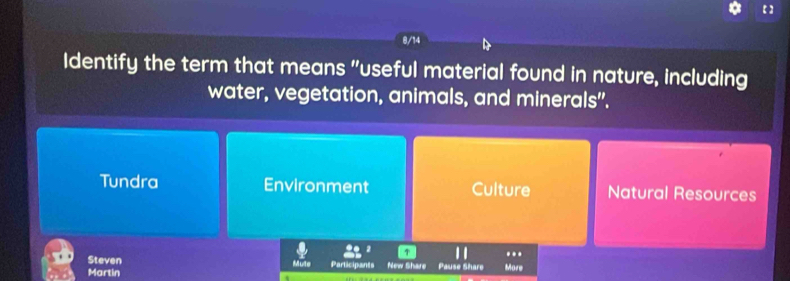 8/14
Identify the term that means "useful material found in nature, including
water, vegetation, animals, and minerals”.
Tundra Environment Culture Natural Resources
2 ↑ I .
Steven Mute Participants
Martin New Share Pause Share More