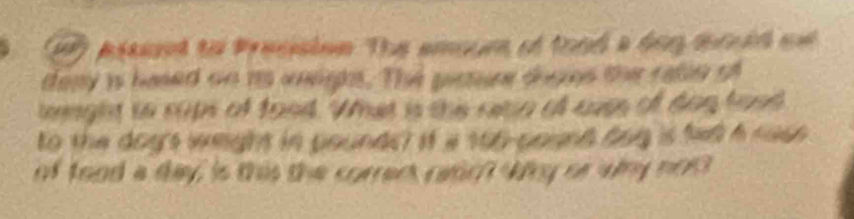 Assunt to Presision. The amoum of tood a dog mould ot 
dony is hased on as uneghs. The pisture dogns the ralle sf 
light in rops of food. What is the rn of uase of dog food 
to the dog's weight in pounde? if a 166 pound dog is fed a ro6e 
of tood a day' is this the corren gadnt wey or why not