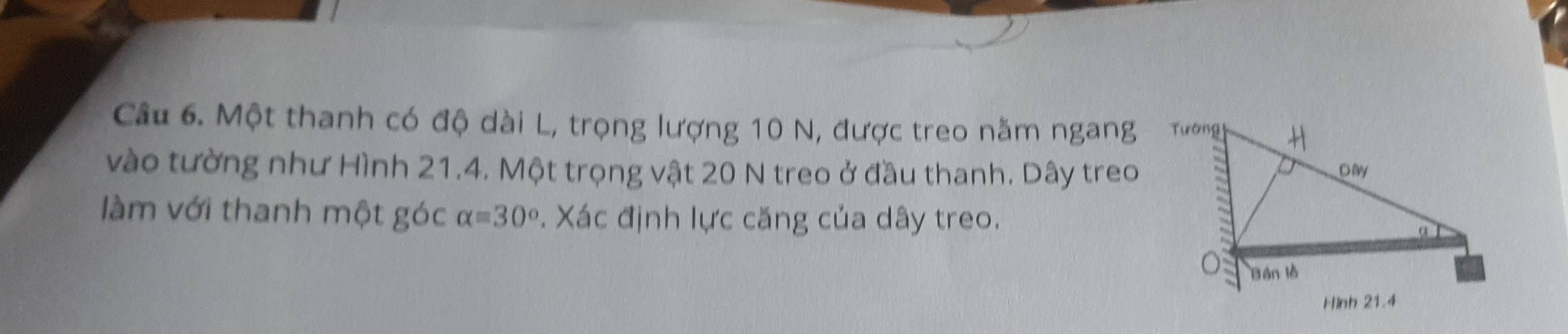 Một thanh có độ dài L, trọng lượng 10 N, được treo năm ngang 
vào tường như Hình 21.4. Một trọng vật 20 N treo ở đầu thanh. Dây treo 
làm với thanh một góc alpha =30°. Xác định lực căng của dây treo.