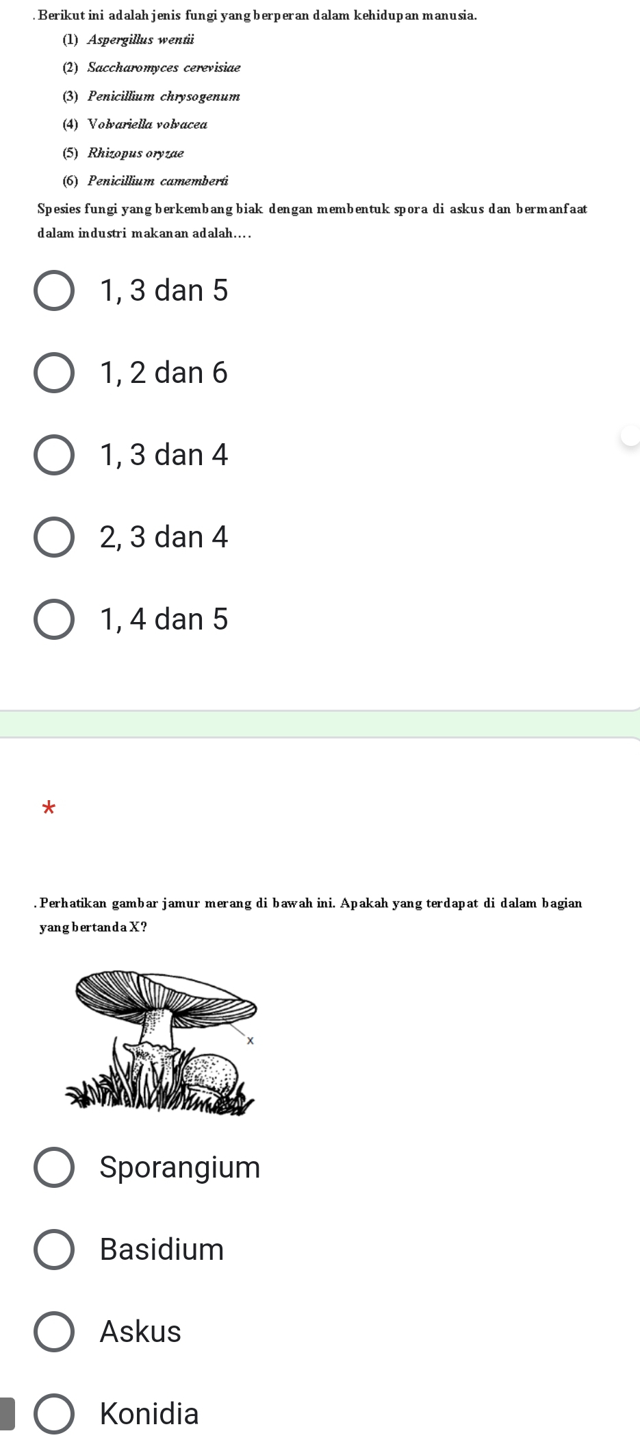 Berikut ini adalah jenis fungi yang berperan dalam kehidupan manusia.
(1) Aspergillus wentäi
(2) Saccharomyces cerevisiae
(3) Penicillium chrysogenum
(4) Volvariella volvacea
(5) Rhizopus oryzae
(6) Penicillium camemberti
Spesies fungi yang berkembang biak dengan membentuk spora di askus dan bermanfaat
dalam industri makanan adalah....
1, 3 dan 5
1, 2 dan 6
1, 3 dan 4
2, 3 dan 4
1, 4 dan 5. Perhatikan gambar jamur merang di bawah ini. Apakah yang terdapat di dalam bagian
yang bertanda X?
Sporangium
Basidium
Askus
Konidia