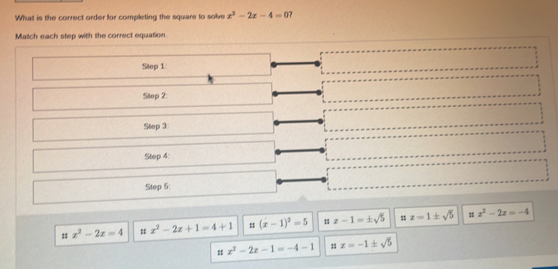 What is the correct order for completing the square to solve x^2-2x-4=0 ? 
Match each step with the correct equation. 
Step 1
Step 2 : 
Step 3 : 
Step 4 : 
Step 5 : 
;; 
11 x^2-2x=4 :: x^2-2x+1=4+1 :1 (x-1)^2=5 :1 x-1=± sqrt(5) z=1± sqrt(5) x^2-2x=-4
11 x^2-2x-1=-4-1 11 x=-1± sqrt(5)