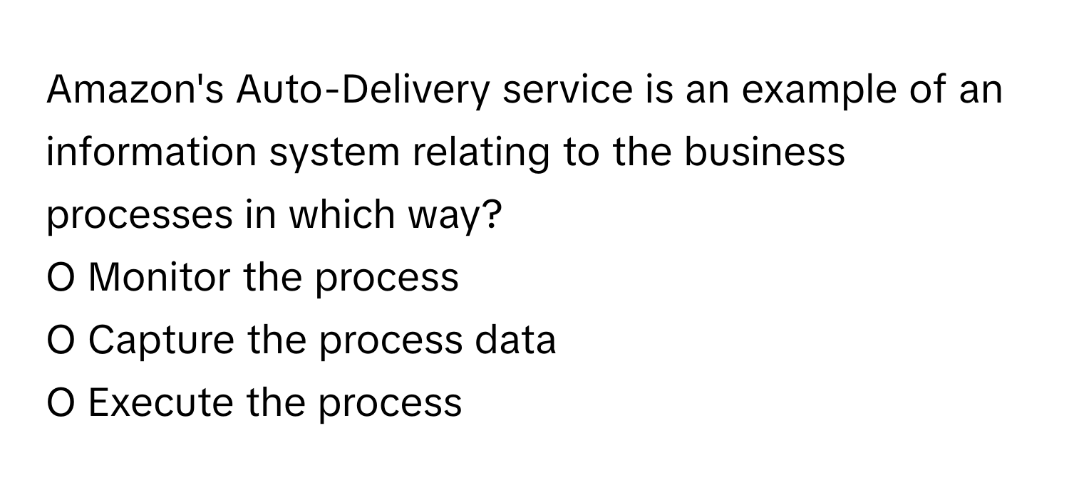 Amazon's Auto-Delivery service is an example of an information system relating to the business processes in which way?

O Monitor the process
O Capture the process data
O Execute the process