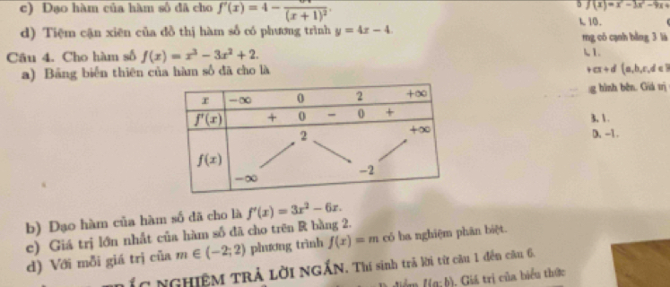 Đạo hàm của hàm số đã cho f'(x)=4-frac (x+1)^2.
f(x)=x^2-3x^2-9x+
1 10.
d) Tiệm cận xiên của đồ thị hàm số có phương trình y=4x-4. mg có cạnh bằng 3 là
Câu 4. Cho hàm số f(x)=x^3-3x^2+2. L1.
a) Bảng biển thiên của hàm số đã cho là cx+d(a,b,c,d∈
:g hình bên. Giá trị
3, 1.
D. -1.
b) Dạo hàm của hàm số đã cho là f'(x)=3x^2-6x.
c) Giá trị lớn nhất của hàm số đã cho trên R bằng 2.
d) Với mỗi giá trị của m∈ (-2;2) phương trình f(x)=m có ba nghiệm phân biệt.
NÍC NGHIÊM TRẢ LờI NGẤN. Thí sinh trả kời từ câu 1 đến câu 6,
I(a:b). Giá trị của biểu thức