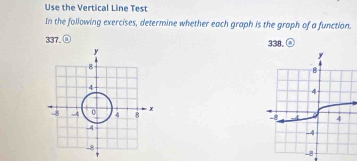 Use the Vertical Line Test 
In the following exercises, determine whether each graph is the graph of a function. 
337. @ 
338. @