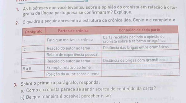 As hípóteses que você levantou sobre a opinião do cronista em relação à orto- 
grafia da língua portuguesa se confirmaram? Explique. 
2, O quadro a seguir apresenta a estrutura da crônica lida. Copie-o e complete-o. 
3. Sobre o primeiro parágrafo, responda: 
a) Como o cronista parece se sentir acerca do conteúdo da carta? 
b) De que maneira é possível perceber isso?