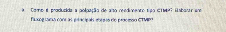 Como é produzida a polpação de alto rendimento tipo CTMP? Elaborar um 
fluxograma com as principais etapas do processo CTMP?