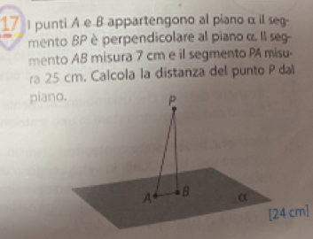 punti A e B appartengono al piano α il seg- 
mento BP è perpendicolare al piano α. Il seg- 
mento AB misura 7 cm e il segmento PA misu- 
ra 25 cm. Calcola la distanza del punto P da 
piano.